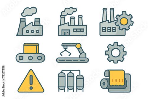 Industrial icons set for factory and manufacturing. Production, automation, engineering concepts. Thin line vector symbols for web, app. Robotic arm, conveyor, machinery, gear.