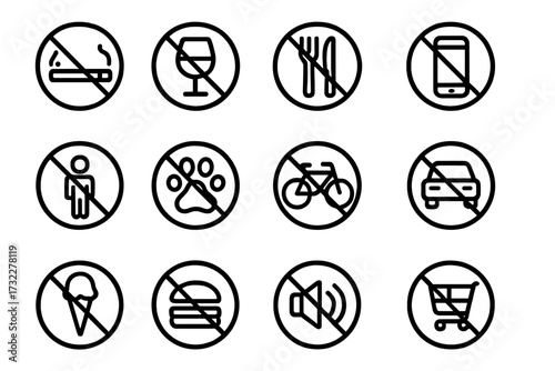 Forbidden signs icon set. Prohibition and warning symbols collection. Line art icons for no smoking, no food, no pets, no alcohol, no phones. Vector for public places rules.