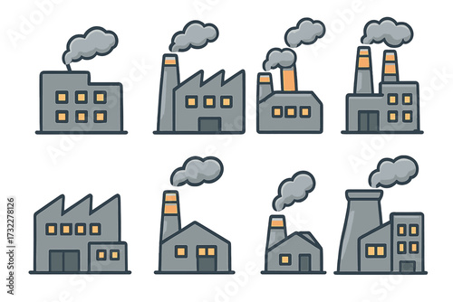 Factory icons set. Industrial building collection. Manufacture symbol. Production sign. Power plant, refinery cartoon vector. Air pollution, co2 emission, smoke, chimney concept.