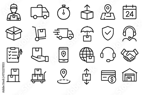 Delivery and logistics icon set. Line art web icons for shipping, courier service, express delivery, order tracking, customer support, and e-commerce business vector.