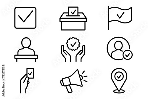 Voting and election thin line icon set. Symbols for democracy, political campaign, and polling day. Contains ballot box, voter choice, check mark, candidate, and megaphone. Vector.