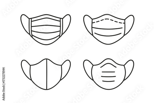 Medical face mask icon set. Thin line collection of respirators for health protection. Virus, flu, covid-19 pandemic prevention symbol. Safety, surgical, hygiene concept vector.