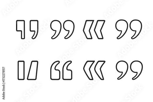 Quote marks icon vector set. Collection of various quotation symbols for citation or dialogue. Speech marks, inverted commas, and talking marks in outline line art style.