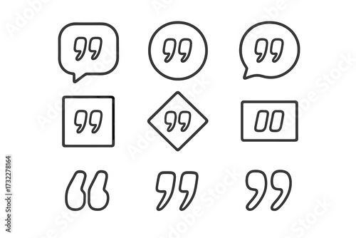 Quote icon set vector. Quotemarks outline, speech marks and inverted commas collection. Line art for citation, dialogue and comments. Punctuation and testimonial symbol pack.