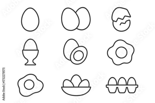 Egg icon collection. Thin line vector icon set. Breakfast food symbols. Fried egg, boiled, broken shell, egg cup, carton. Simple outline pictogram for cooking, recipe, app, web.