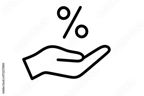 Hand holding percent sign icon. Loan, interest rate, credit, commission concept. Financial vector symbol for discount, sale, offer. Benefit, profit, tax, mortgage, investment.