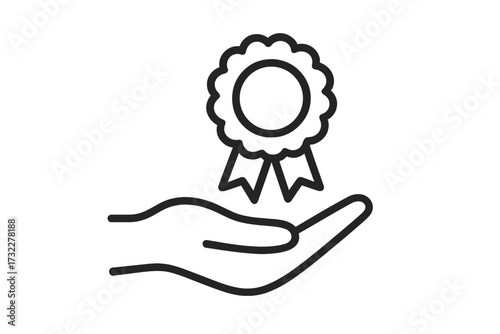 Hand holding award ribbon. Quality guarantee certificate icon. Best choice and customer satisfaction concept. Winner prize. Success and achievement sign. Vector line illustration