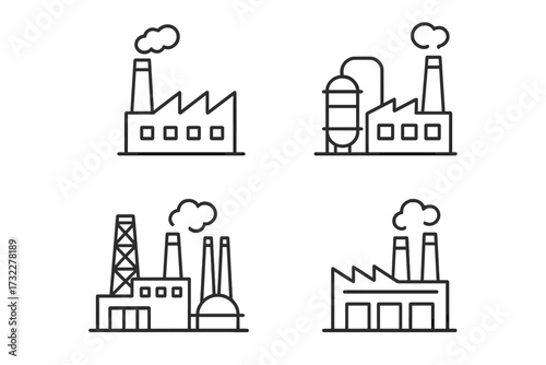 Industrial building thin line icon set. Factory, power plant, refinery vector symbols. Manufacturing, production, energy, ecology and pollution concept. Outline pictogram collection.