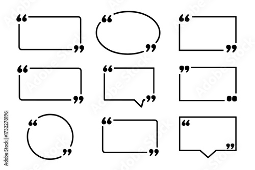 Quote box frame big set. Blank template for texting, blog quotes, and testimonials. Quotation bubble and comment box vector icons for web design and info graphics.