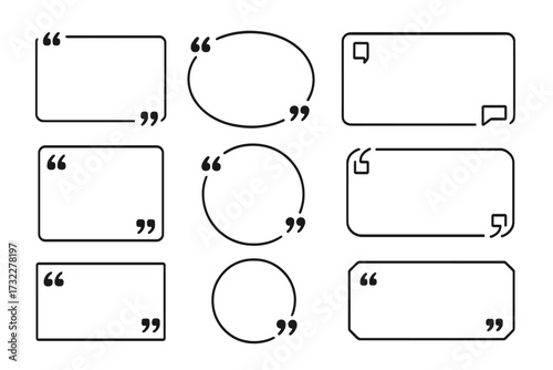 Quote box frame big set. Quote box icon. Texting quote boxes. Blank template quote text info design. Boxes for quotation bubble, blog quotes symbols. Creative vector banner.