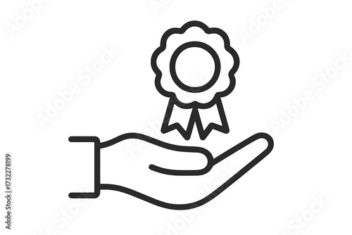 Hand holding award medal line icon. Quality guarantee symbol. Customer satisfaction, best choice concept. Top service, success, achievement, recognition vector pictogram.
