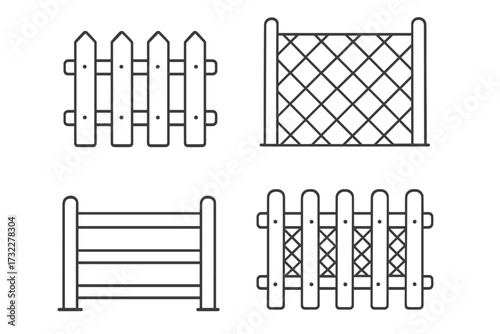 Fence icon set thin line vector. Outline picket, chain link, and wooden barrier signs for web. Property boundary, security, and garden enclosure graphic symbols collection.