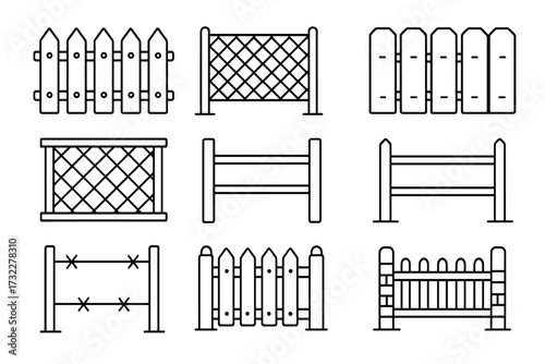 Vector icon set of fences, barriers, and hurdles. Outline symbols for property, boundary, and enclosure. Picket fence, farm gate, and equestrian show jumping obstacles.