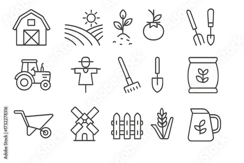 Farming and agriculture line icon set. Rural farm life concept with barn, tractor, and windmill. Organic food production, gardening, and harvest vector symbols for web design.