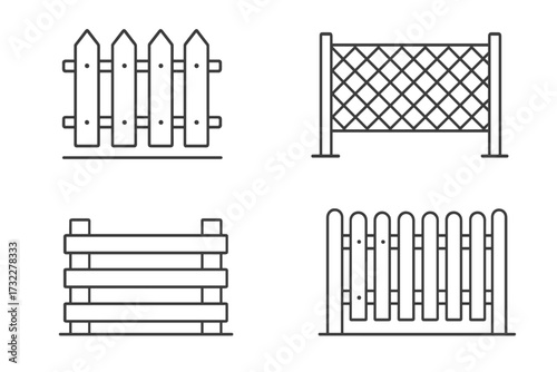 Fence outline icons set. Collection of various barriers and enclosures. Picket fence, wooden barricade, and net boundary symbols. Vector thin line illustration for web.