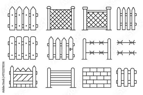 Fence outline icon set. Collection of vector symbols of barriers. Wooden picket, chain link, barbed wire and brick wall. Boundary, security, garden, and farm enclosure.