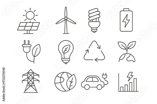 Green energy and sustainability line icon set. Vector collection of renewable power symbols for ecology and environment concepts. Solar panel, wind turbine, electric car icons.
