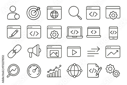 SEO and web development icon set. Thin line icons for digital marketing, data analytics, website optimization, coding, UI and UX design. Vector signs for business strategy.