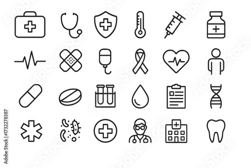 Medical and health care icon set. Collection of 24 line style web icons. Vector symbols for medicine, hospital, pharmacy, emergency, doctor, and health infographic elements.