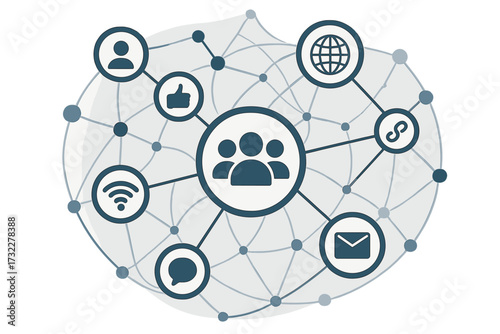 Social media marketing vector concept. Global communication network. Digital technology background with icons for internet, community, connect, business, web, share and interact.