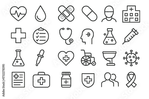 Medical and Health Care line icon set. Medicine, hospital, doctor, pharmacy symbols. Vector collection for web, infographic. RX, emergency, clinic, treatment, science icons.