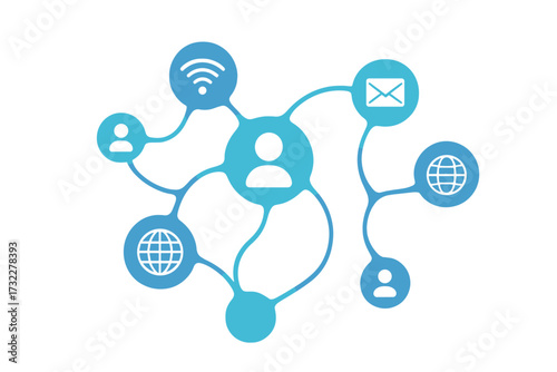 Social media connection concept. Abstract background with circles and icons for digital, internet, network, connect, communicate, technology, global. Web community communication.