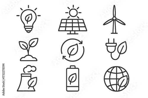 Set of green energy line icons. Sustainable power and ecology concept. Renewable electricity sources. Vector symbols for solar, wind, recycle, environment and eco-friendly design.