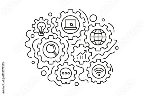 SEO mechanism line art concept. Vector illustration with gears and icons. Digital marketing strategy, internet search, network connect, data analytics, social media, global business.