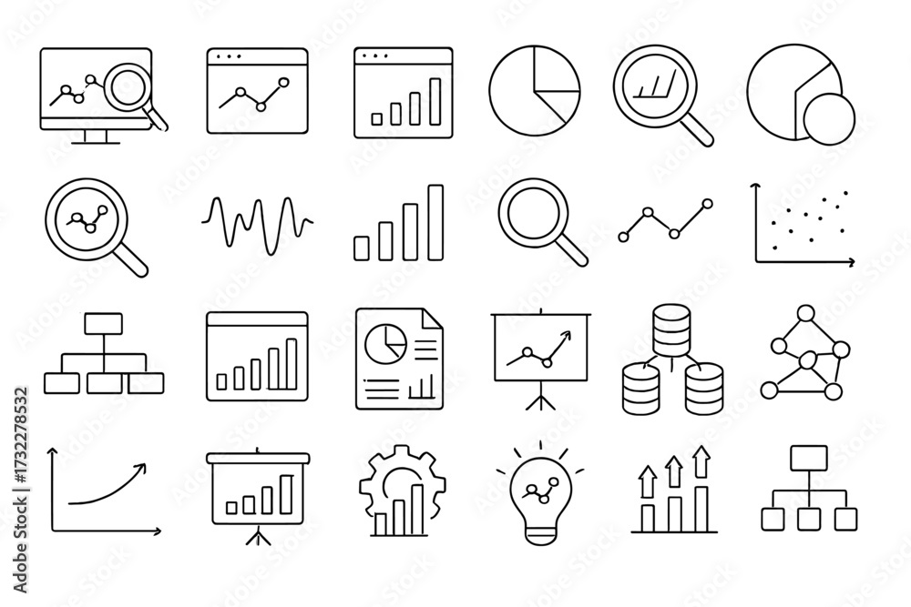 Fototapeta premium Data analysis and big data thin line icon set. Contains analytics, statistics, research vector icons. Infographic elements like chart, graph, and diagram for a business report.