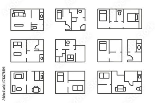 Set of floor plan line icons. Apartment layout, architectural blueprint. Top view house plan with furniture for interior design. Real estate vector symbol. Editable stroke.