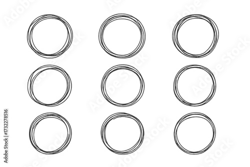 Set hand drawn circle line sketch. Vector circular scribble doodle frames. Round circles for message note or mark design element. Abstract logo and insignia concept.