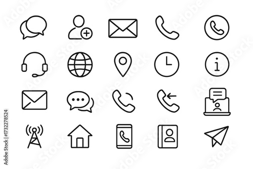 Contact Us line icon set. Collection of communication symbols for web and mobile app UI. Customer service, support, chat, phone call, email, message and location outline pictograms.