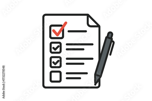 Survey form icon with pen. Checklist with check marks for exam or quiz results. Questionnaire paper for customer feedback, interview assessment or to-do list. Flat vector.