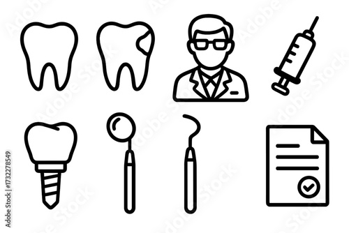 Dental care line icon set. Stomatology vector symbols collection. Tooth with caries, decay, implant, dentist, syringe, mirror, probe icons for medical design. Oral hygiene.