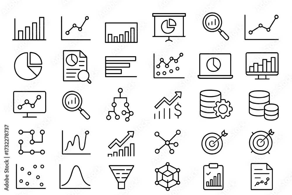 Naklejka premium Data analysis and statistics line icon set. Vector symbols for big data, research, analytics, report. Business intelligence, finance, marketing. Chart, graph, diagram, infographic.