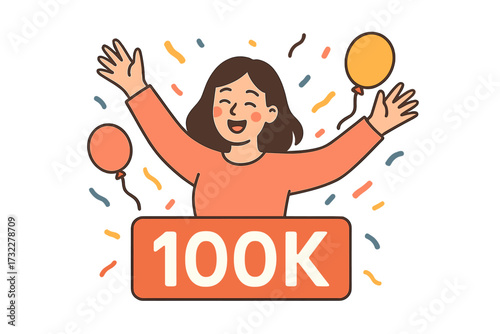 Thank you 100k followers. Happy woman celebrates 100000 subscribers. Social media web banner. Blogger network milestone achievement. Influencer success celebration concept.