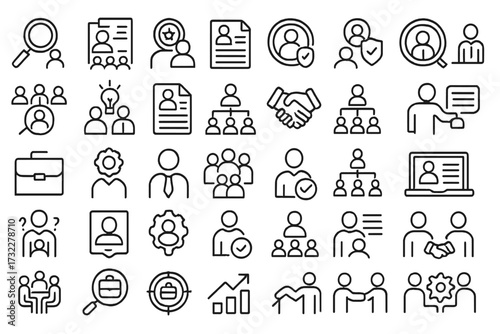 Set of 40 headhunting and recruitment line icons. Human resources concepts for job search, hiring, and staffing. Vector symbols for teamwork, management, and employment.