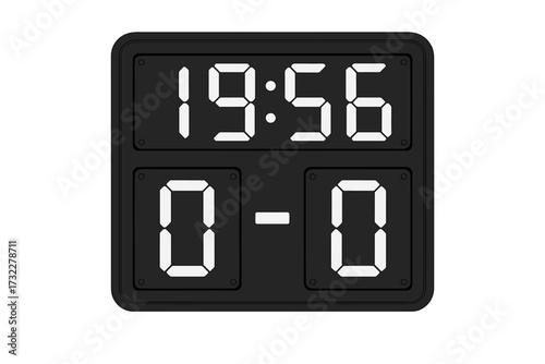 Soccer football electronic scoreboard with time and result display. Digital sport timer for game countdown and match score. Vector illustration isolated on white background.