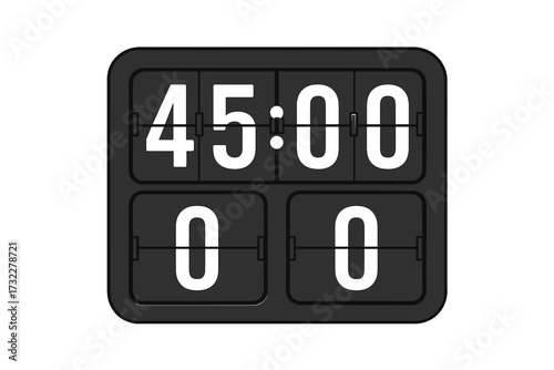 Soccer football mechanical scoreboard with time and result display. Vector sport countdown timer. Retro flip down clock for match halftime score. Game day graphic element.