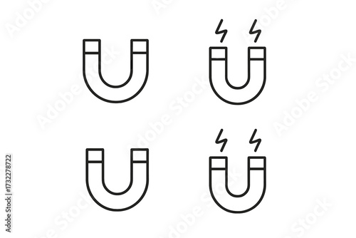 Magnet icon set. Horseshoe magnet line icons. Concept of attraction, magnetic force, physics, energy. Marketing, lead generation metaphor. Vector illustration editable stroke.