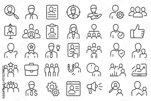 Headhunting line icon set. Human resources, recruitment, and employment concepts. HR management, career, and job search symbols. Professional skills, teamwork, hiring process.