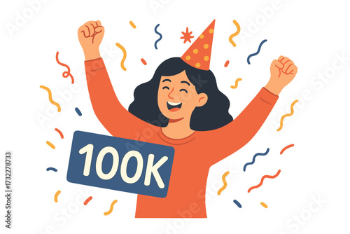 Thank you 100k followers. Blogger celebrates a large number of subscribers. Congratulation card for web social media. Vector illustration concept for goal achievement and success.