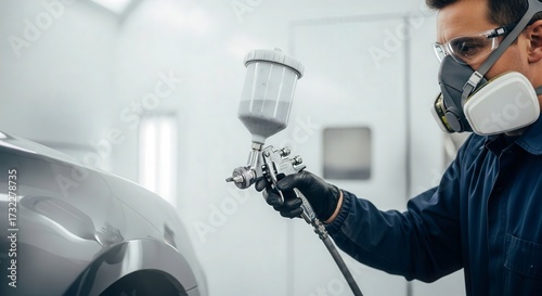 Car painter wearing mask and goggles spraying paint on car body