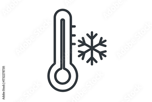 Cold weather icon with thermometer and snowflake. Low temperature, winter season, freezing and frost symbol. Meteorology forecast concept. Minimalistic vector line art design.