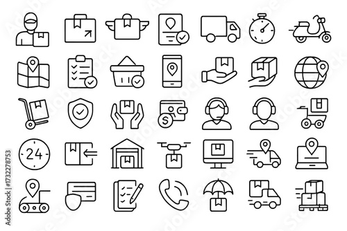 Logistics and delivery icon set. Courier service, shipping, and express package transportation concept. E-commerce, online shopping, order tracking and customer support symbols.