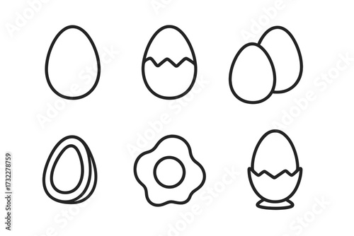 Eggs simple line icon set. Breakfast food collection. Fried, boiled, cracked egg. Eggshell and yolk. Editable stroke vector illustration for infographics, logo, web design.