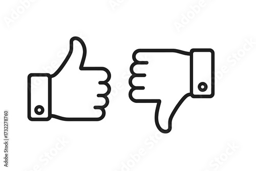 Thumbs up and thumbs down line icon set. Like and dislike symbol for social media. Good and bad feedback, approval and disapproval vector. Yes or no vote concept illustration.