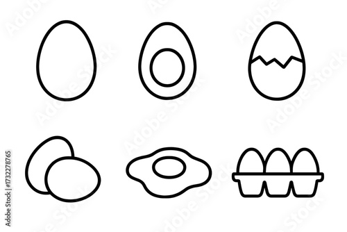 Eggs simple icon collection. Line art vector set of breakfast food symbols. Fried, boiled, cracked egg and carton. Minimalist outline illustration with editable stroke.