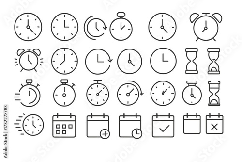 Time and clock vector line icon set. Concepts of time management, schedule, deadline, appointment. Contains symbols like timer, alarm, calendar, stopwatch, and hourglass.