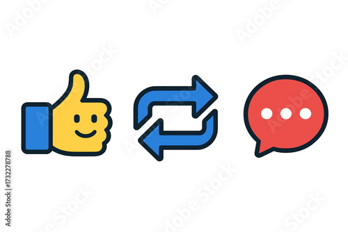 Social media icons: like, comment, share. Thumbs up, speech bubble, repost arrows. Vector set for user engagement, app UI, online feedback, and community interaction.